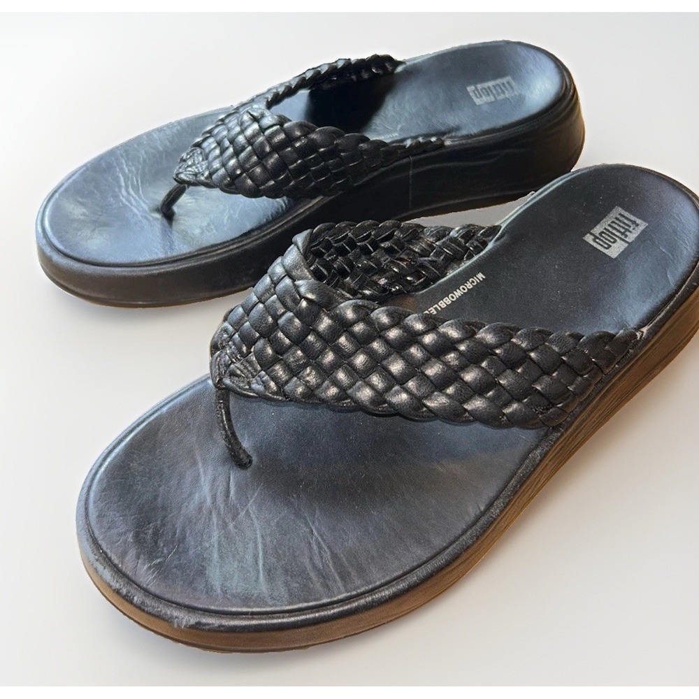 FitFlop Lulu Woven Black Leather Microwobbleboard Platform Thong Sandals W 9